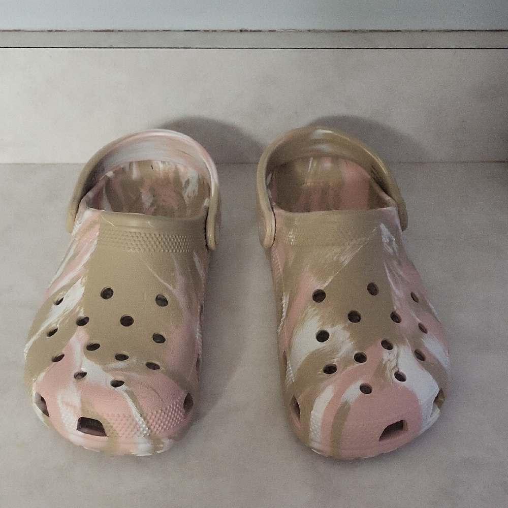 Tan and Pink Crocs